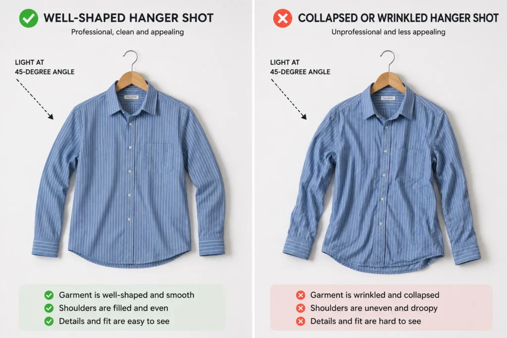 Side-by-side comparison of hanger clothing photos showing a smooth, well-shaped garment with soft side lighting beside a wrinkled garment with uneven lighting and a collapsed shoulder shape.