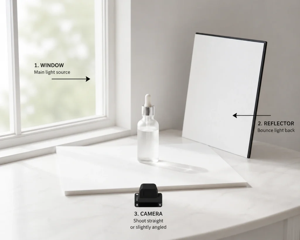 Skincare photography lighting diagram for glass bottles, showing reflector and window placement