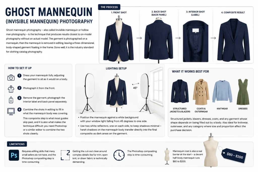 Ghost mannequin photography setup diagram showing how to achieve the invisible mannequin effect without Photoshop