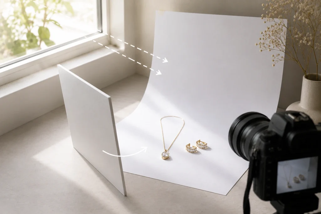 Jewelry photography lighting setup diagram showing reflector card placement, no lightbox