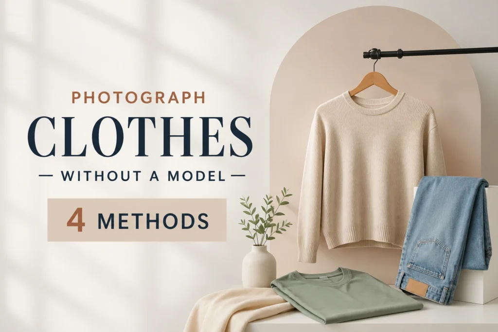 Four methods to photograph clothes without a model: flat lay, hanger, ghost mannequin, and AI clothing photography