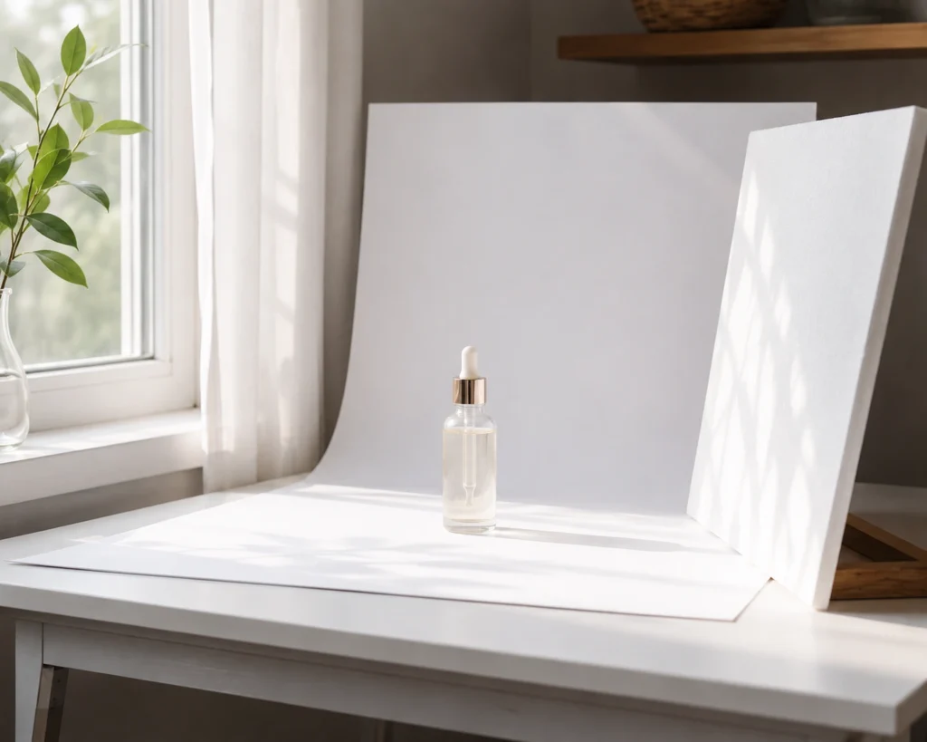 DIY skincare product photography setup with window light and white backdrop, no studio