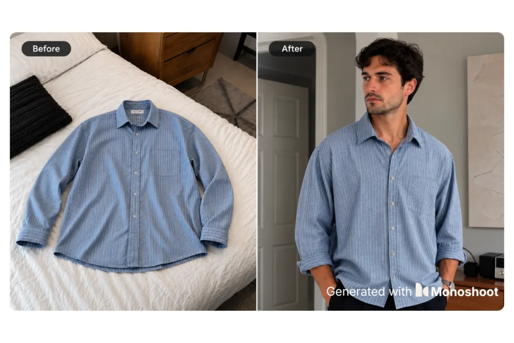 Before and after comparison of a raw clothing photo and an AI-generated fashion image