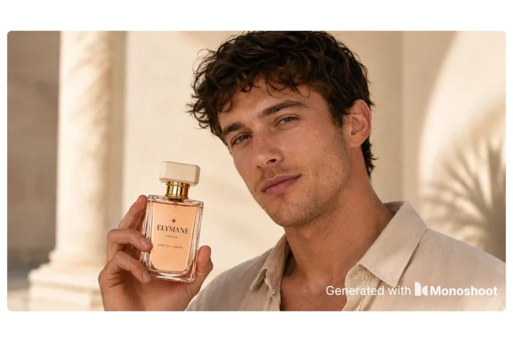 Result of a raw perfume photo and an AI-generated lifestyle product image
