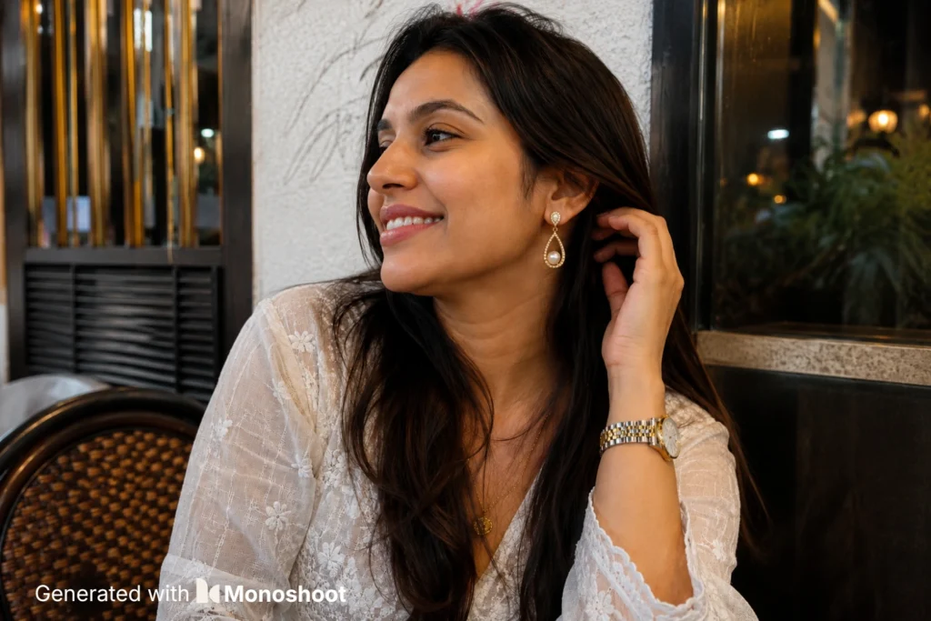 Realistic café lifestyle portrait of a woman wearing a gold and pearl drop earring with product details preserved.
