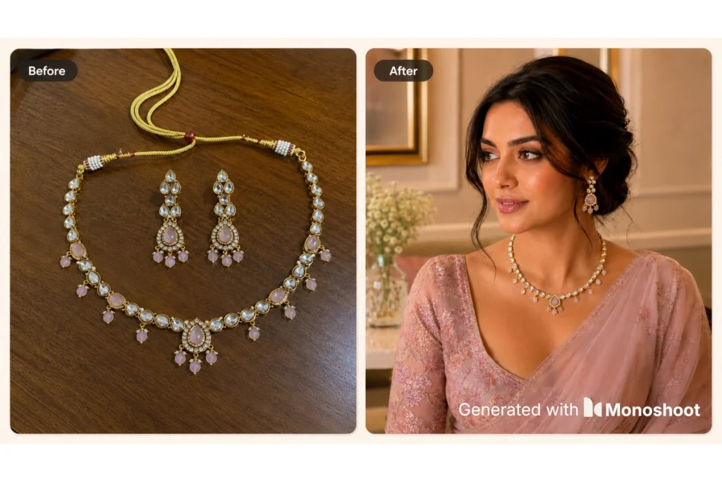 Before and after comparison of a raw jewelry photo and an AI-generated product image