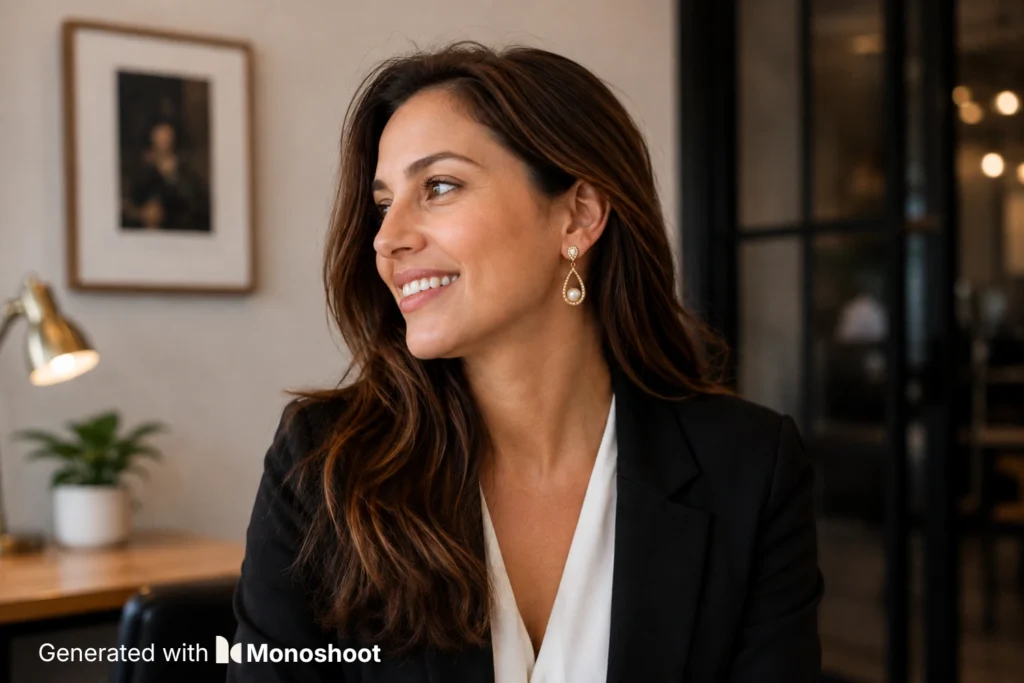 Professional lifestyle portrait of a woman wearing a gold and pearl drop earring generated from a jewelry product image.