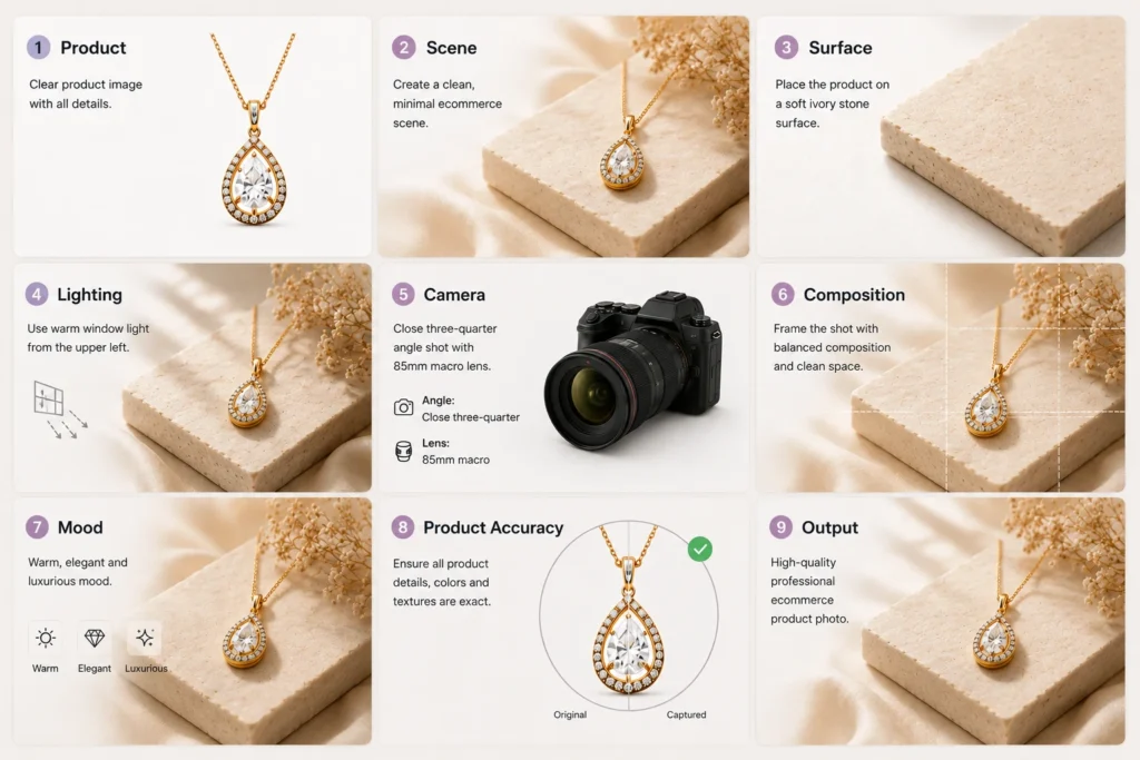 AI product photography prompt formula showing product, scene, lighting, camera and composition | AI product photography prompts overview