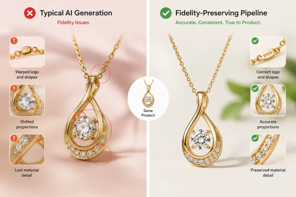 Before and after comparison of AI product photos showing poor product fidelity versus accurate fidelity-preserving result