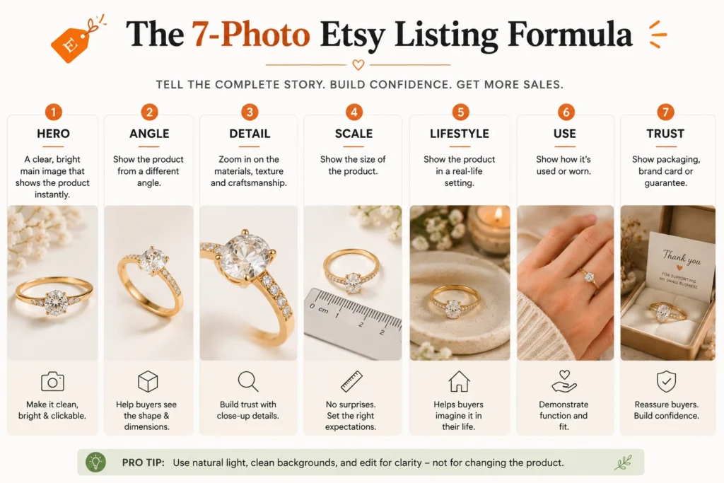 Seven-photo Etsy listing formula showing hero, detail, scale, lifestyle and trust images