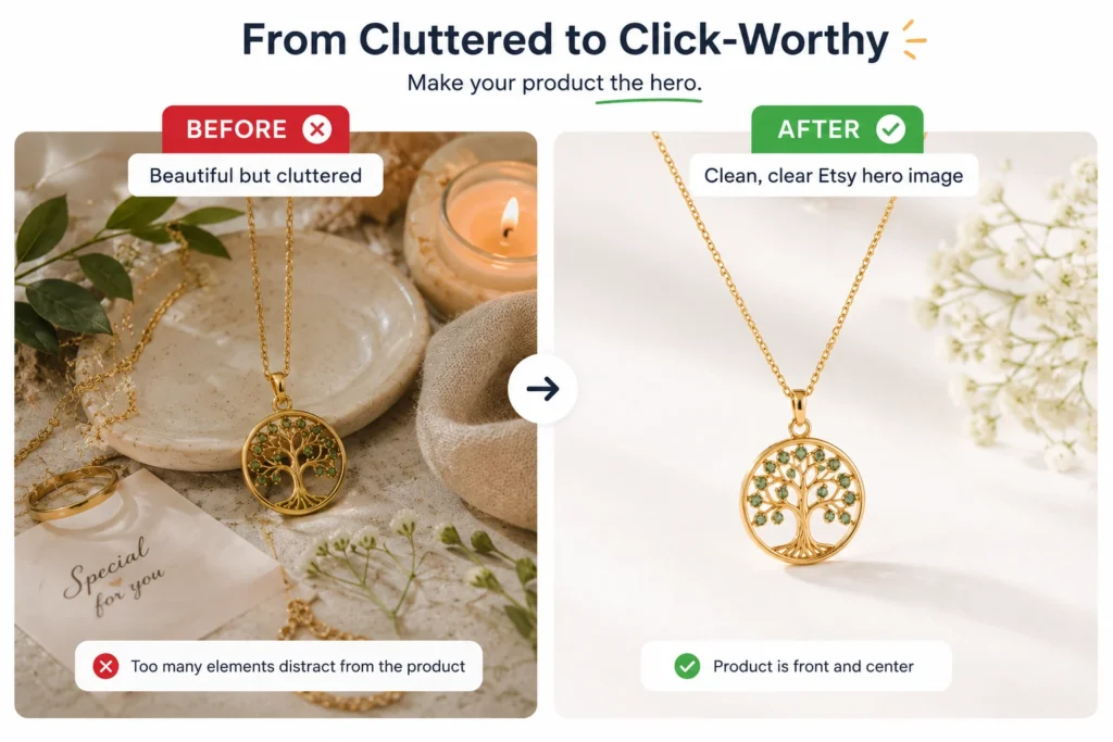 Before and after Etsy listing thumbnail showing cluttered and optimized product photography