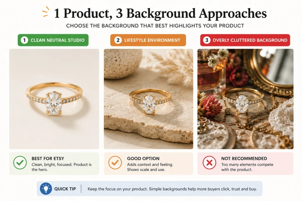 Etsy product photography background examples showing clean studio, lifestyle, and cluttered compositions