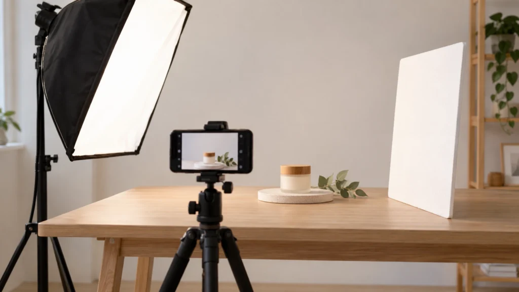 Simple ecommerce product photography setup with soft lighting and reflector