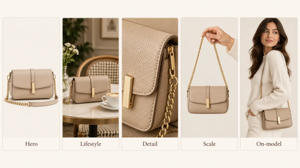 Five types of ecommerce product photography including hero, lifestyle and on-model photos